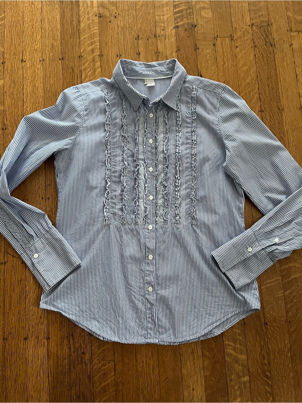 J. Crew Y2K (2006) Blue & White Striped Ruffle- Tuxedo Shirt